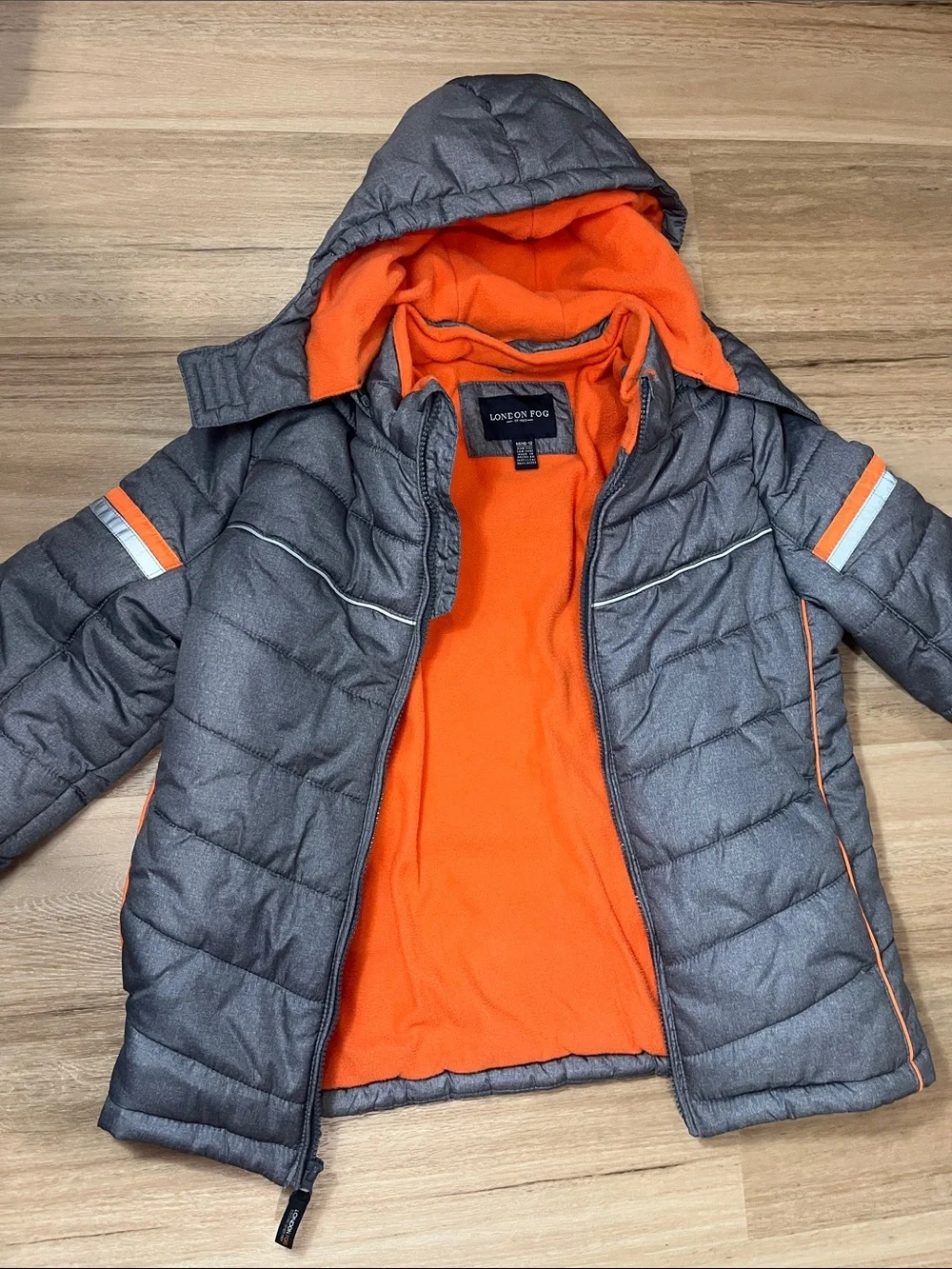 London Fog Kids Active Puffer Jacket Winter Coat Gray & Orange, Size M 10-12